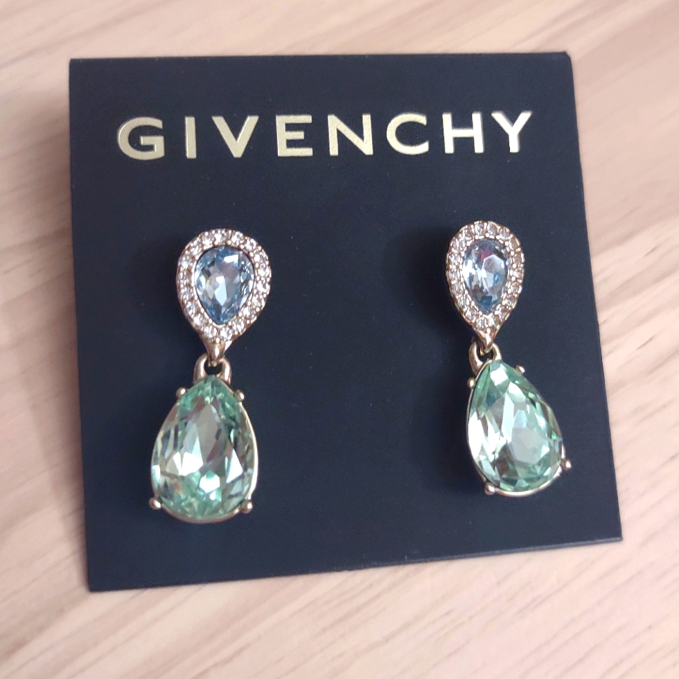 Givenchy Sparkling Blue Green Crystal Teardrop Dangle Earrings Y2k Bling